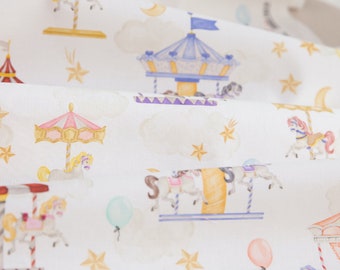 Carousel  Cotton Made in Korea Fabric, Cartoon Carousel Moon Star Print by Half meter