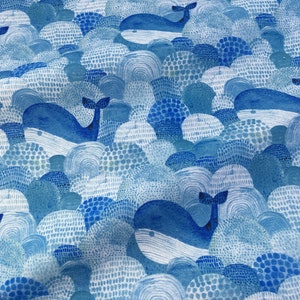Blue Cartoon Whale Cotton Fabric for clothing, bag and home accessories, Cats Fabric by Half Meter