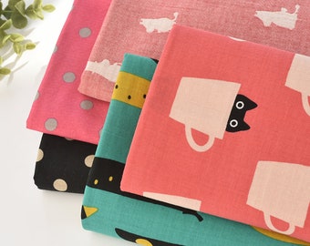 Black Cat in a cup pink blush Double Layer Cotton Fabric by Half Meter