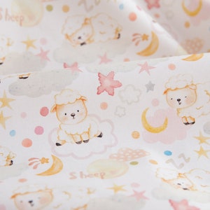 Cartoon Sheep sleeping Made in Korea Plain Cotton 20 threads Fabric, Sheep animals Fabric for kid bedsheet by Half Meter