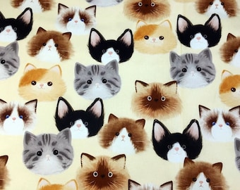Multi kattenkop portretstof, kattenkop printpatroon katoenen stof, kattenstof, kattenliefdestof, kattenstof per halve meter