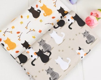 Tessuto Di Cotone Per Bambini Al Metro - 100% Cotone, Motivo Gatto Silhouette Bianco E Grigio (200x160 Cm)