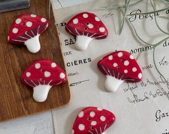 Hand‑Painted Ceramic Buttons 27mm, Mushroom Handmade Sewing Buttons for Knitting, Doll Clothes, DIY Craft Supply