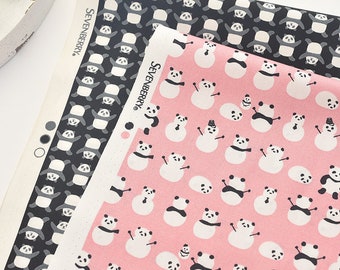 Panda Snowman  Cotton Fabric,  Print Panda Pattern Cotton Fabric, Panda Cotton Fabric by Half Meter