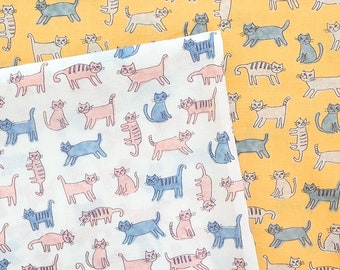 Japanese hokkoh Lawn  Cat Outline Pattern Cotton Yellow Fabric, Cat  Fabric for bag and table cloth, Cat Fabric by Half Yard