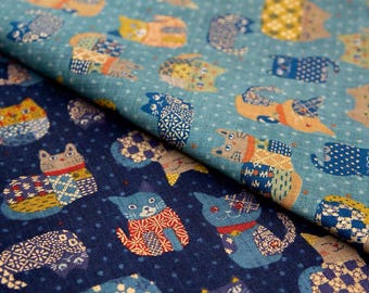 Japanese Imported Cotton Cat Fabric, Gold Foil Cat Print, Linen Look Coarse Weave Fabric, Bag, Tablecloth, Curtain, Sewing by Half Meter