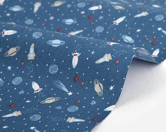 Space Planet Navy Blue Cartoon  Made in Korea Dailylike 20 threads Cotton Fabric, Cartoon spacemen Print by Half Yard