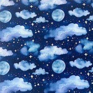 Tela digital de algodón de 20 hilos con nubes azules, luna y estrellas por medio metro