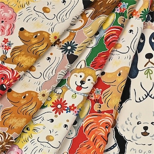 Retrato de cabeça de cachorro múltiplo Kokka feito em tecido de algodão coreano, tecido de algodão Oxford com estampa de cachorro de desenho animado, por meio metro