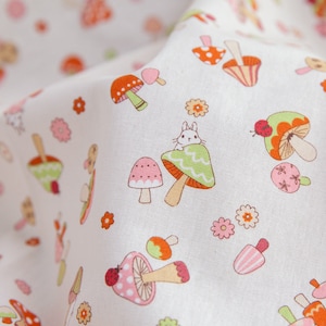 Rabbit Mushroom Made in Japan  Cotton Cosmo Fabric, Rabbit Fabric for bag, table cloth, clothings by Half Meter