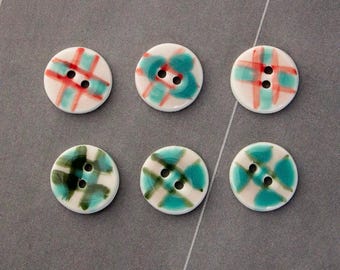 Hand‑painted Plaid Ceramic Buttons, Vintage Grid Porcelain Buttons, 2‑Hole Sewing Buttons for Blouse, Doll Clothes, Sewing Craft 20mm