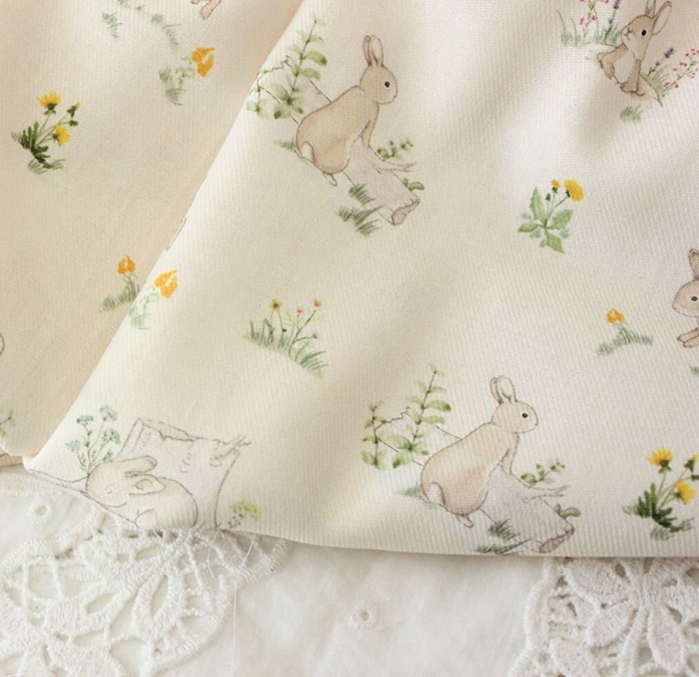 Beige Garden Rabbit Good Quality Twill Cotton Fabric by Half Meter