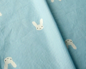 Blue and Pink Cute Rabbit and floral Pattern Twill Cotton Kid Fabric for bag and table cloth by Half Meter