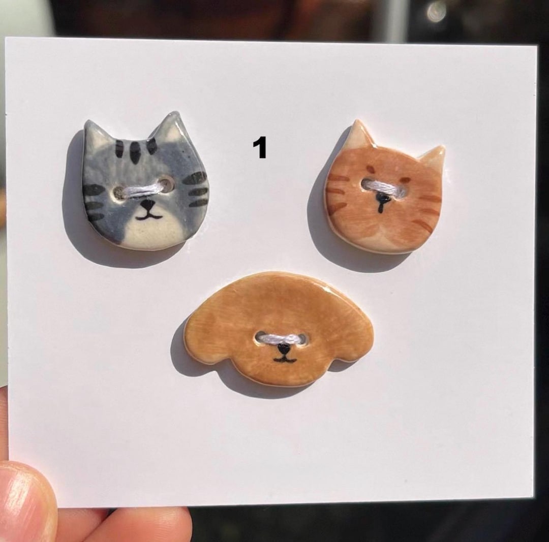 Handmade Ceramic Kitten Cat Face Buttons, Hand-painted Animal Buttons ...