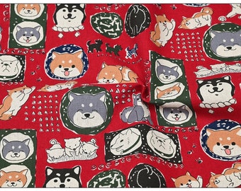 May include: Red fabric with a repeating pattern of cartoon dogs in various poses. The dogs are in shades of brown, black, and gray. The fabric has a white background with black outlines.