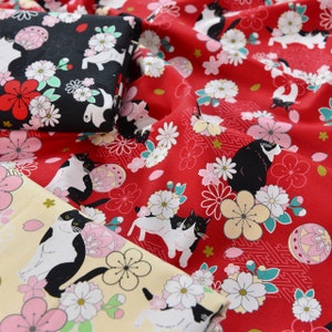 Tecido de algodão sakura gatos preto vermelho amarelo, tecido de algodão estilo japonês sakura por meio metro