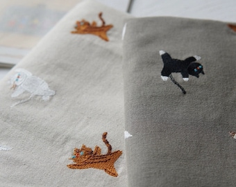 Cat Embroidery Cotton Linen Fabric, Cat Cat Embroidery Fabric for bag and table cloth, Cat Embroidery Fabric by Half Meter