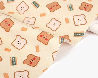 Yellow Bread Toast Cotton Made in Korea Dailylike Fabric, Cartoon Bread Bakery Print by Half Yard