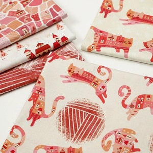 Red Cat Cartoon house Plain Cotton Fabric,  Digital Print Cat Pattern Cotton Fabric, Cat  Fabric, Cat Love Fabric per Half Yard