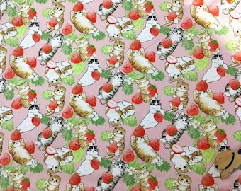 Strawberry fruit Cat Cartoon Fabric,  Print Cat Pattern Cotton Fabric, Cat  Fabric, Cat Love Fabric, Cat Fabric by Half Meter