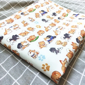 Tecido de sarja de lona fina com padrão de cachorro Shiba Inu fofo, tecido de cachorro para bolsa e toalha de mesa, tecido de cachorro por meio metro