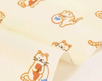 Korea Oxford Cotton Print Cat Pattern Cotton Beige Fabric, Cat  Fabric for bag, apron and table cloth, Cat Fabric by Half Yard