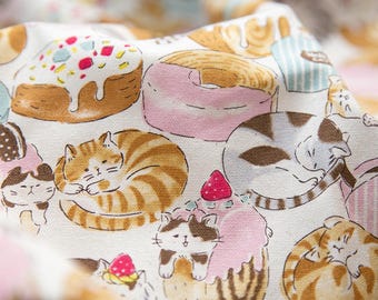 Cat and Donuts Japanese Made in Japan KOKKA Fine Canvas Cotton Fabric by Half Meter
