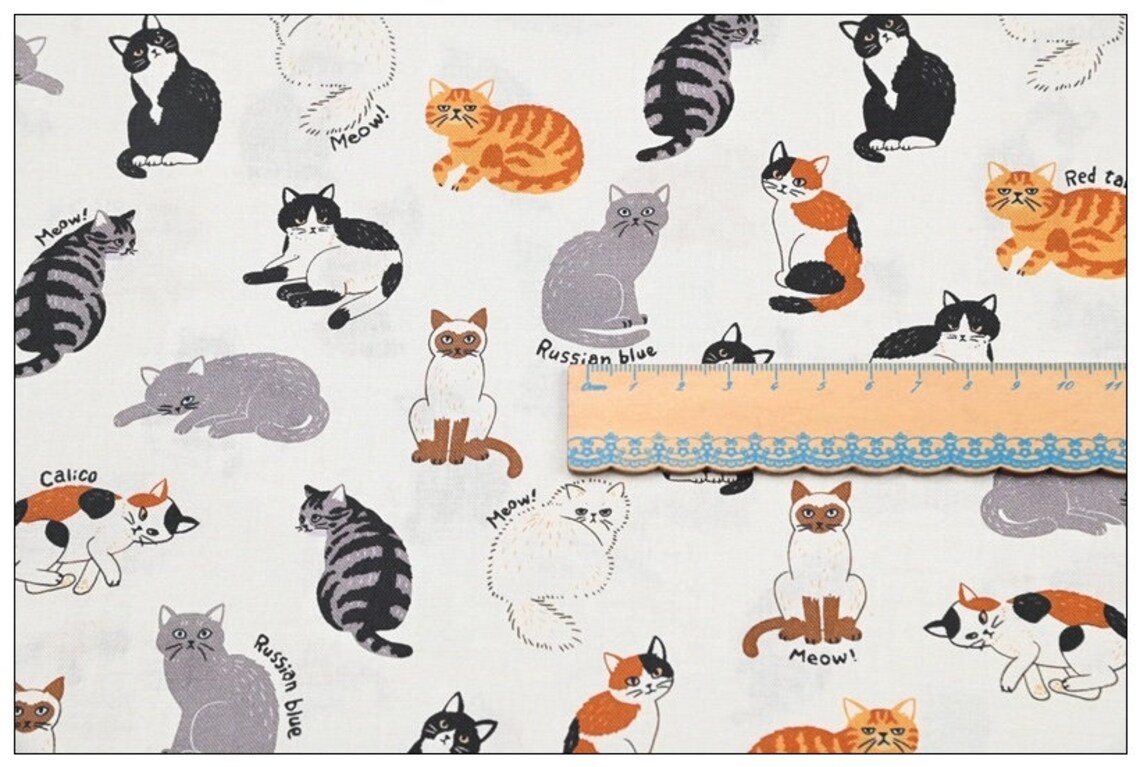 Three Colour Cat Print Cat Pattern Cotton Fabric, Cat Fabric, Cat Love ...