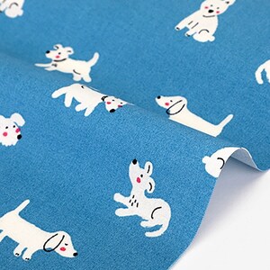 White dog in blue  Made in Korea Dailylike 20 threads Cotton Fabric, Cartoon Dog Print by Half Yard