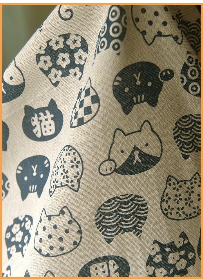 Blue Cat Outline Portrait Pattern Fabric, Print Cat Pattern Cotton ...