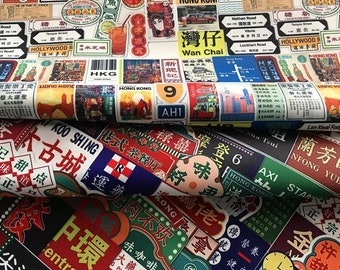 Tela de poliéster sarga impermeable con grafiti de caracteres chinos de Hong Kong, tela con impresión digital de media yarda