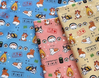 Shiba Inu Sushi Hecho en Taiwán Tela de algodón de impresión digital para ropa, bolsos y accesorios para el hogar, Tela Shiba Inu de Half Yard