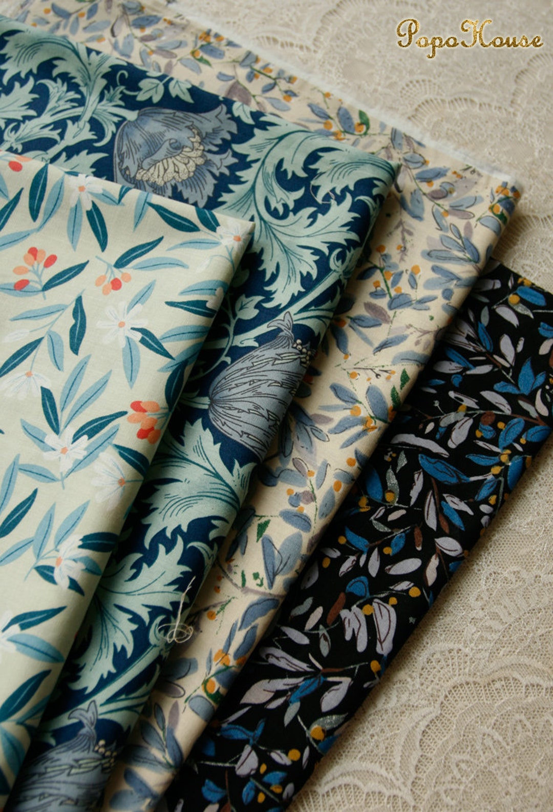 Blue Autumn Floral Pattern Poplin Cotton Fabric by Half Meter - Etsy