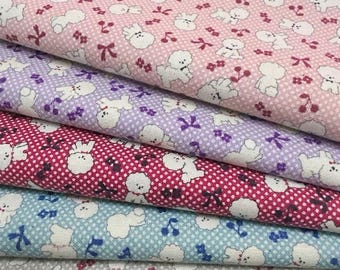 KOKKA Japanese Brand Bichon Frise Cotton Fabric, Lightweight Dog and Dot Print Material by the Half Meter for Sewing, Home Decor & Crafts