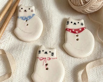 Hand‑painted Chubby Cat Ceramic Buttons, Scarf Kitten Handmade Sewing Buttons for Doll Clothes, Knitting, DIY Craft Supply
