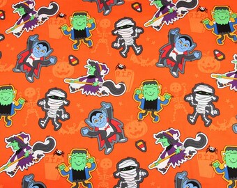 Orange Halloween Digital Print Cotton Fabric for clothing, bag and home accessories by Half Meter
