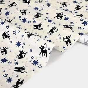 Black Cat Blue Star Made in Korea Dailylike Plain Cotton 20 threads Fabric,  Digital Print Cat Pattern Cotton Fabric by half yard