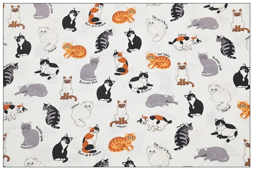 Three Colour Cat Print Cat Pattern Cotton Fabric, Cat Fabric, Cat Love ...