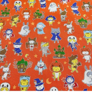 May include: Orange fabric with a repeating pattern of cute Halloween-themed characters. The characters include cats, bunnies, ghosts, and pumpkins, all dressed in costumes. The fabric is perfect for crafting projects like Halloween costumes, decorations, and accessories.