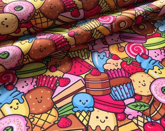 Tela de poliéster de sarga impermeable con estampado digital de dibujos animados de macarrones de postre rosa por media yarda