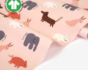 Korean Brand Dailylike Blush French Elephant Print Organic Fabric Soft Cotton for Kids Dress, Skirt, Sewing, Doll Clothes per half yard