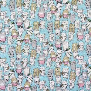 Cartoon Cat Blue Background Pattern Plain Cotton Fabric 20 threads by Half Meter