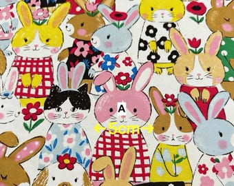 Cute Bunny Cat Animal Made in Japan KOKKA Japanese Cotton Linen Fabric by Half Meter