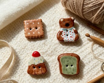 Hand‑painted Food & Bear Ceramic Buttons, Dessert Bread Croissant Handmade Sewing Buttons for Doll Clothes, Knitting, DIY Craft Supply