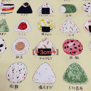 May include: A colorful chart of different types of Japanese rice balls, or onigiri, with Japanese text labels. The chart is on a light yellow background. The onigiri are all triangular and have different fillings and toppings. The chart is 3 cm wide.