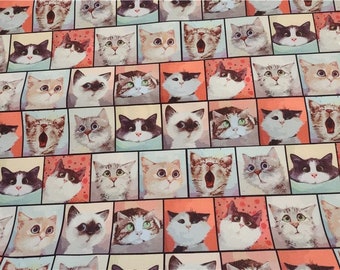 Cat Portrait Head Pattern Twill Fabric Fine Canvas , Cat  Shark Fabric for bag and table cloth, Cat Fabric by Half Meter