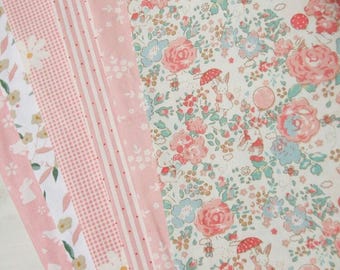 Pink Blush Rabbit Floral Pattern Twill Cotton Fabric for bag and table cloth by Half Meter