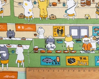 Cat Sushi Bar Cotton Made in Taiwan Fabric,  Digital Print Cat Pattern Cotton Fabric, Cat  Fabric, Cat Love Fabric per Half Yard