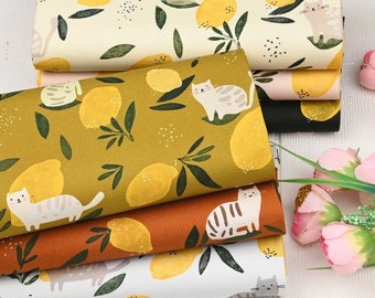 Print Lemon Cat Pattern Cotton  Fabric, Cat  Fabric for bag and table cloth, Cat Fabric by Half Yard