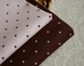 Vintage Polka Dot Twill Cotton Fabric, Retro Pink Brown Dot Print Material for Dress, Blouse, Doll Clothes, Sewing Craft by meter 50cm